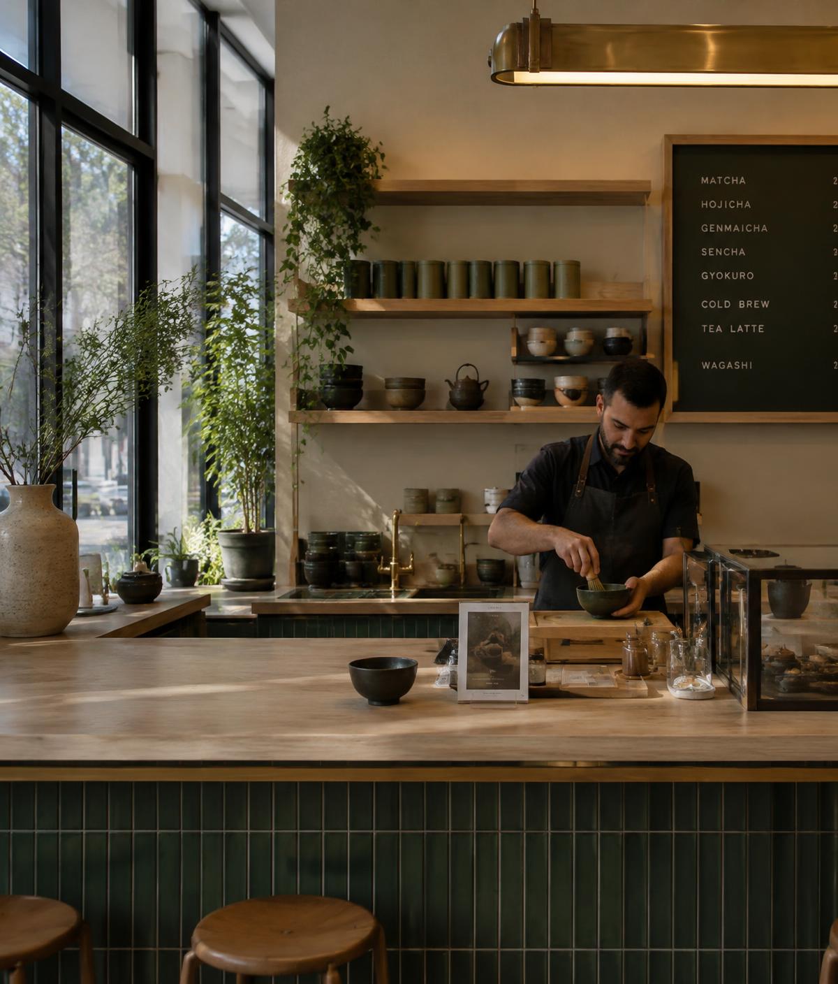 Barista whisking matcha behind the tea bar at the Emerald Whisk café