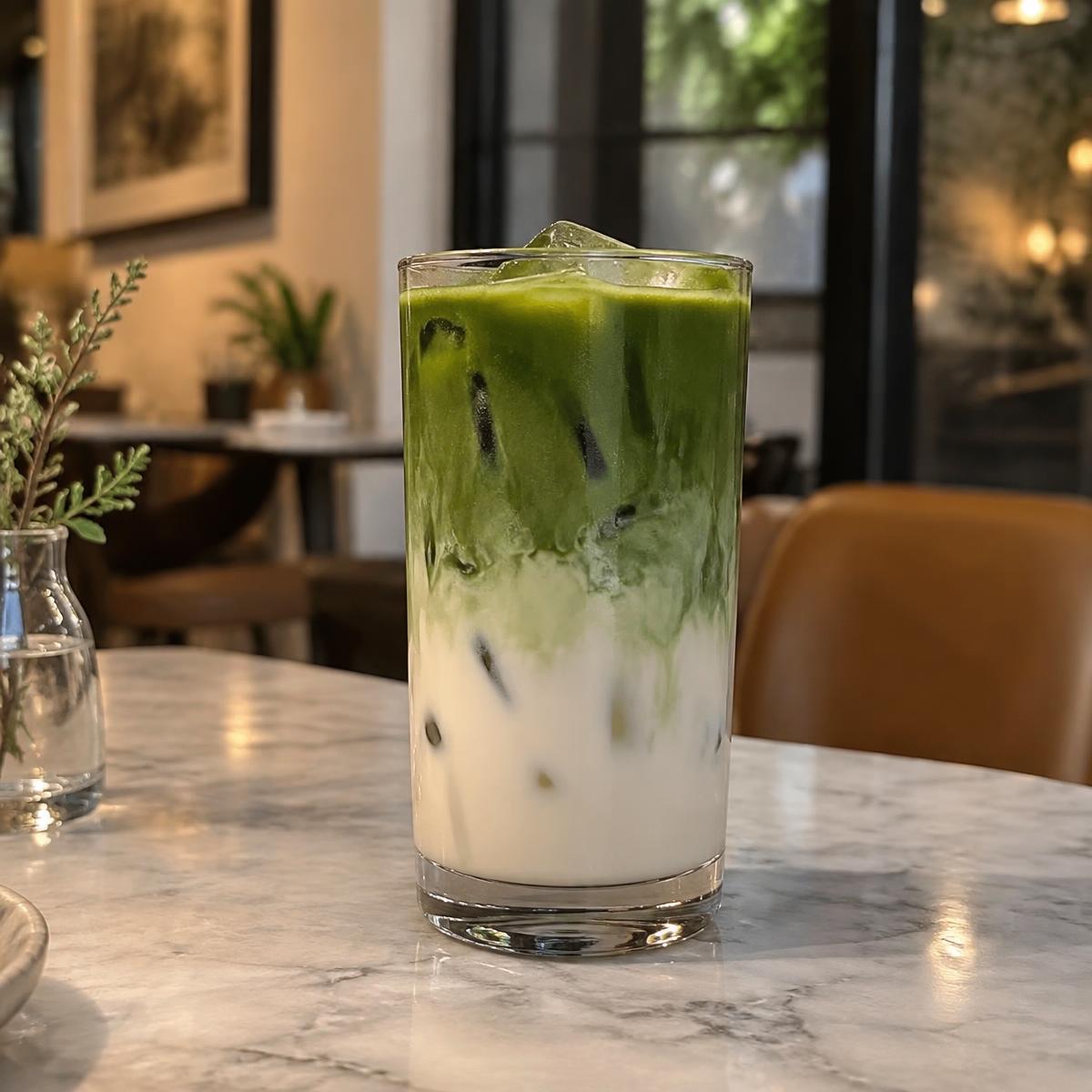 Iced matcha latte on a marble table inside the Emerald Whisk café